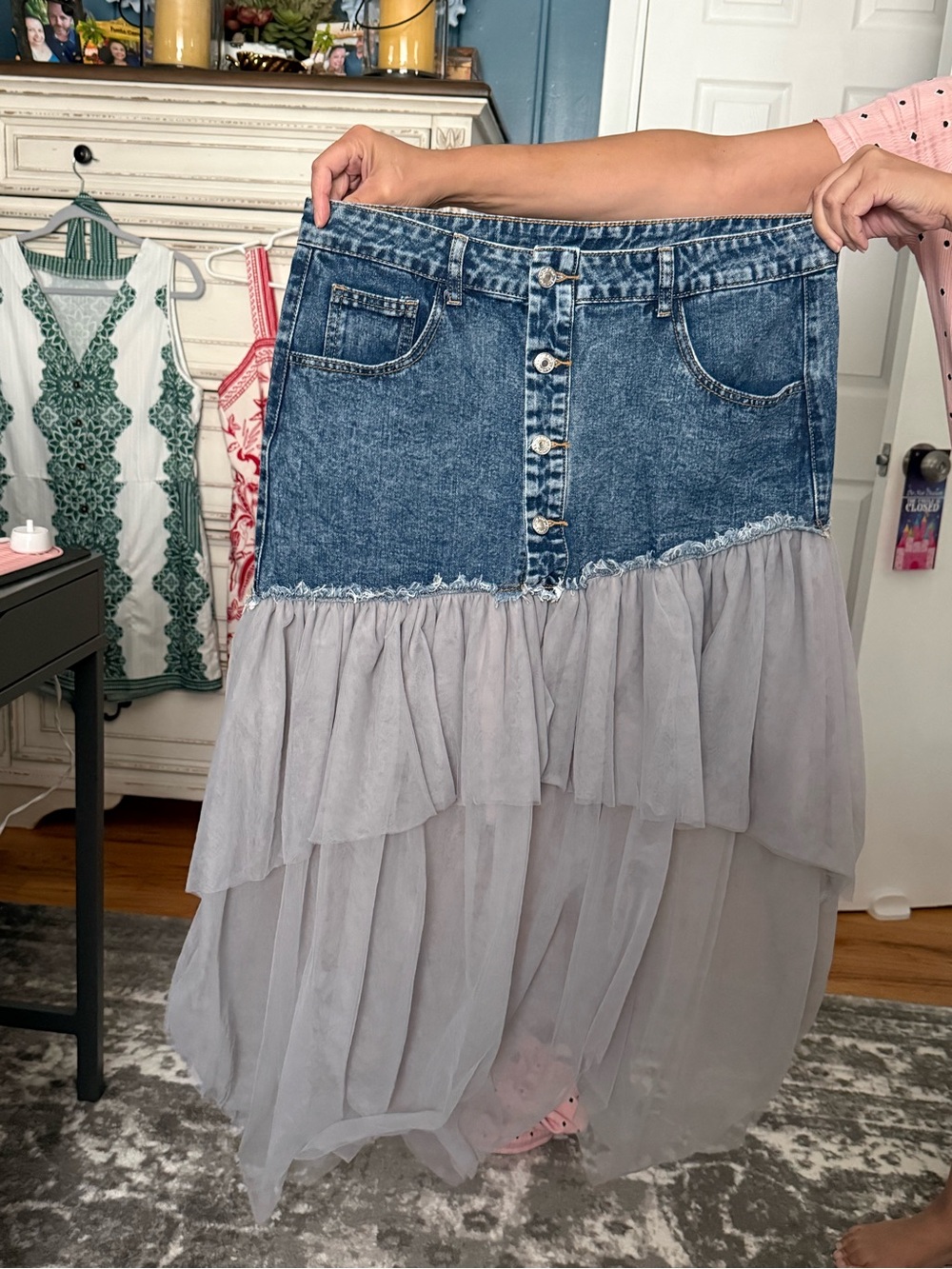 SHEIN Blue Denim and Light Gray Tulle High-Low Skirt